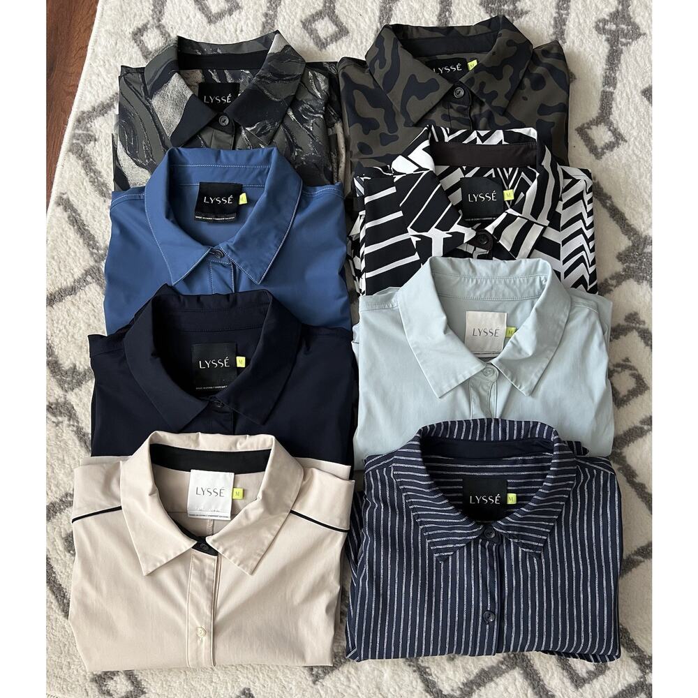 LYSSE Bundle Of 8 Solid Print Button Down Wrinkle Resistant Career Blouses Tops - Picture 1 of 16